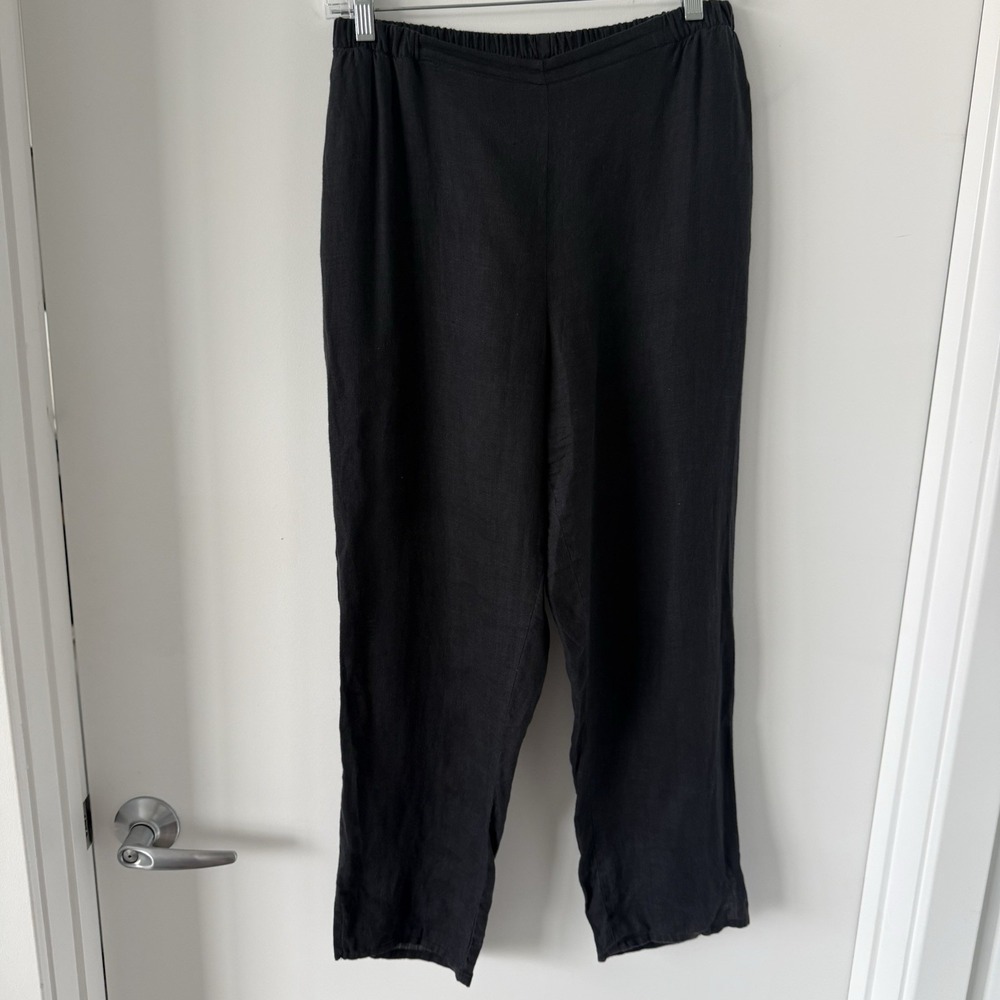 FLAX Linen Womens Cropped Pants Black Elastic Waist Ankle Slit Pull On Size Sm
